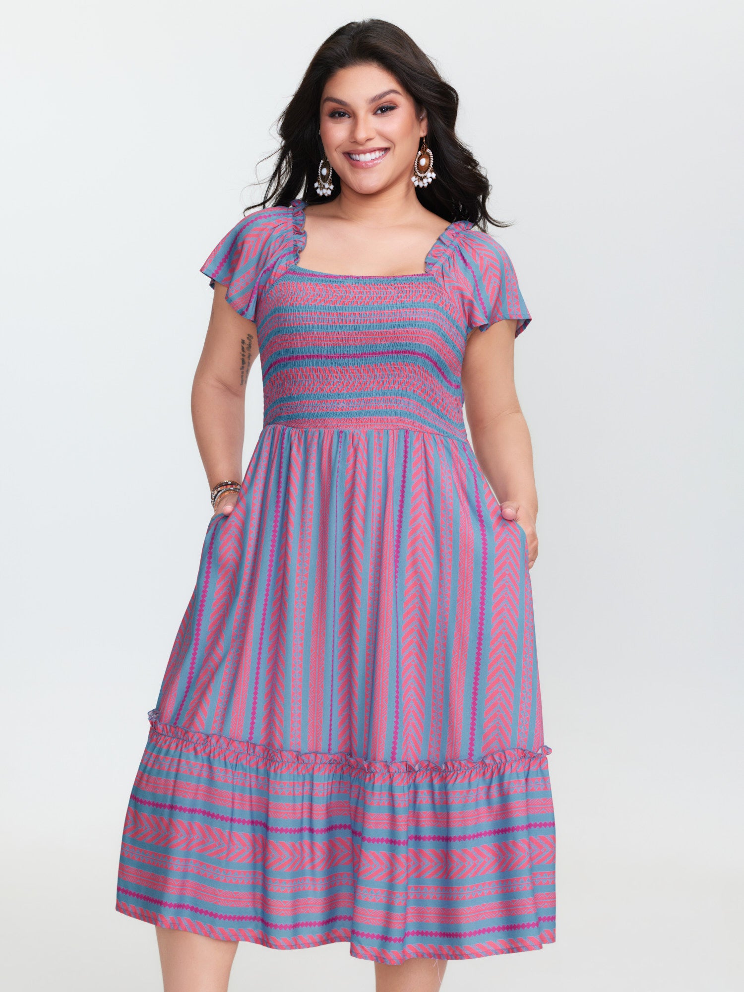 Colorful Stripes Shirred Bodice Ruffled Midi Dress