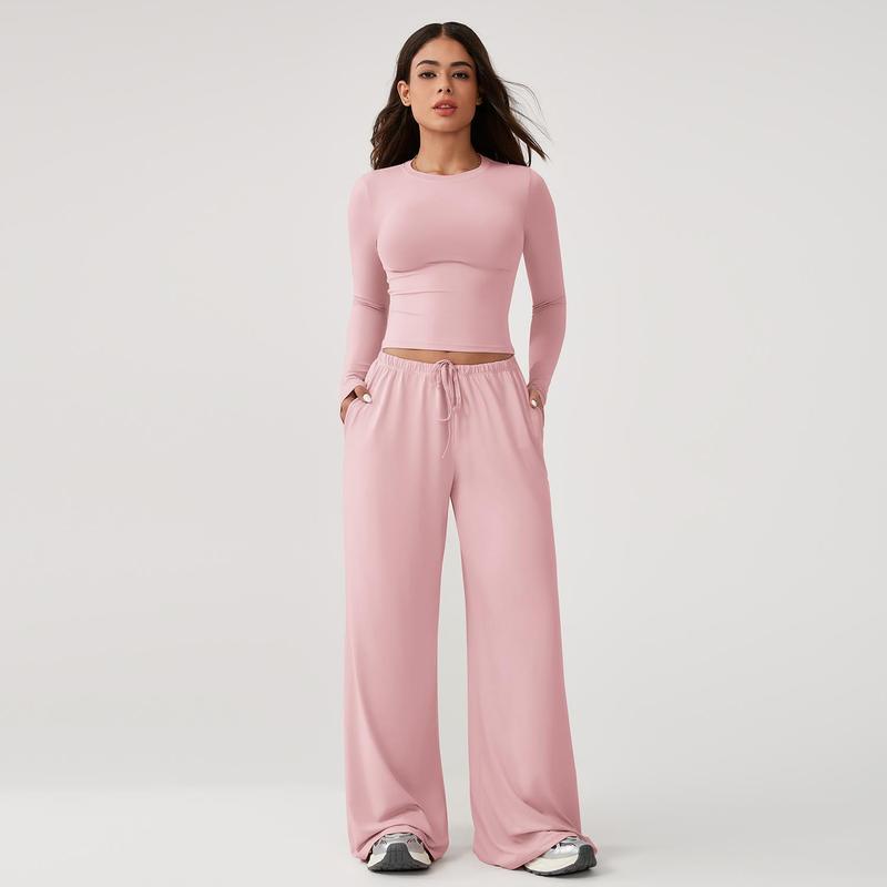 Women’s Long-Sleeve Crop Top & Wide-Leg Pants Activewear Set