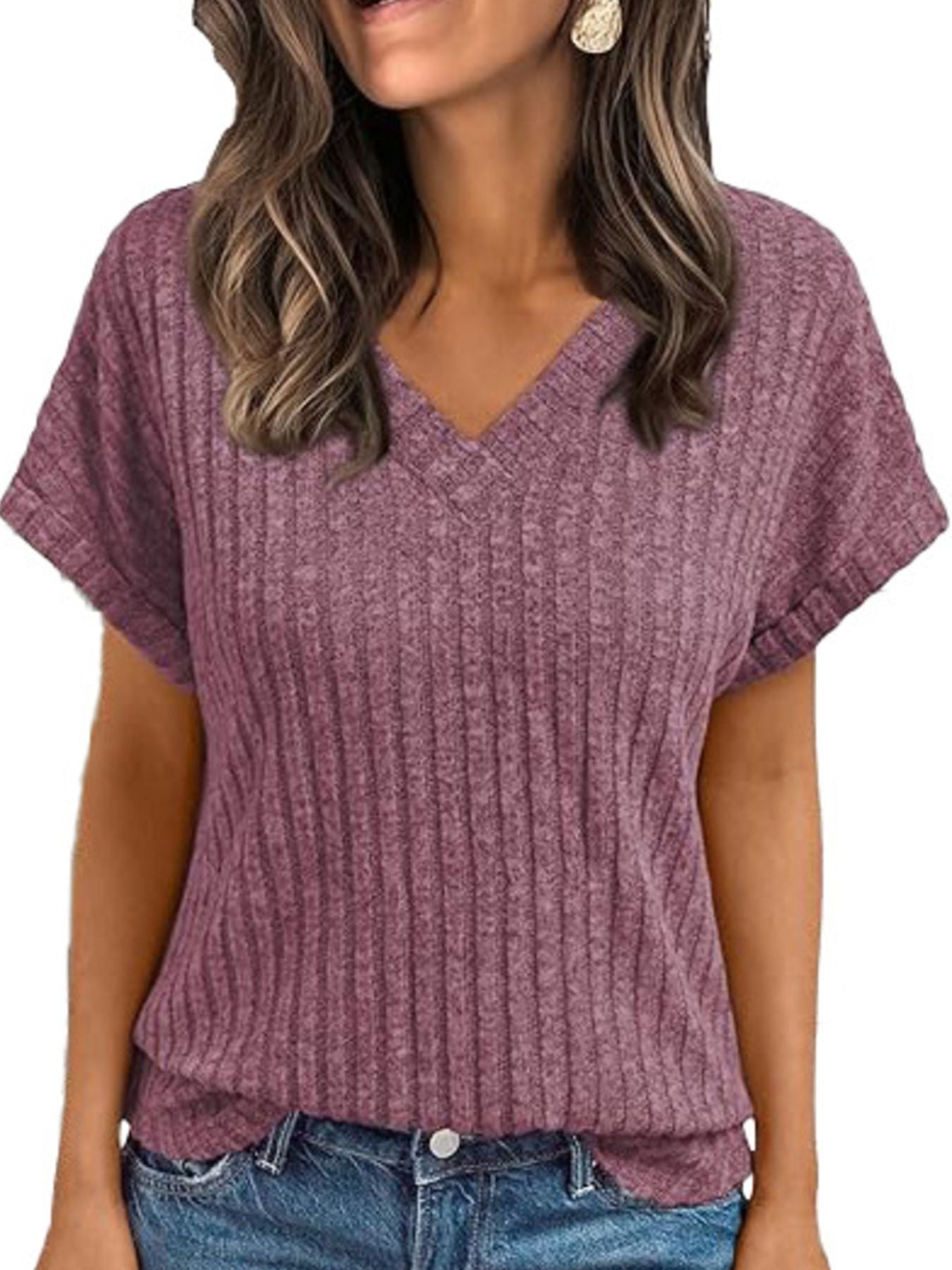 Ribbed Knit V-Neck Relaxed Fit T-Shirt
