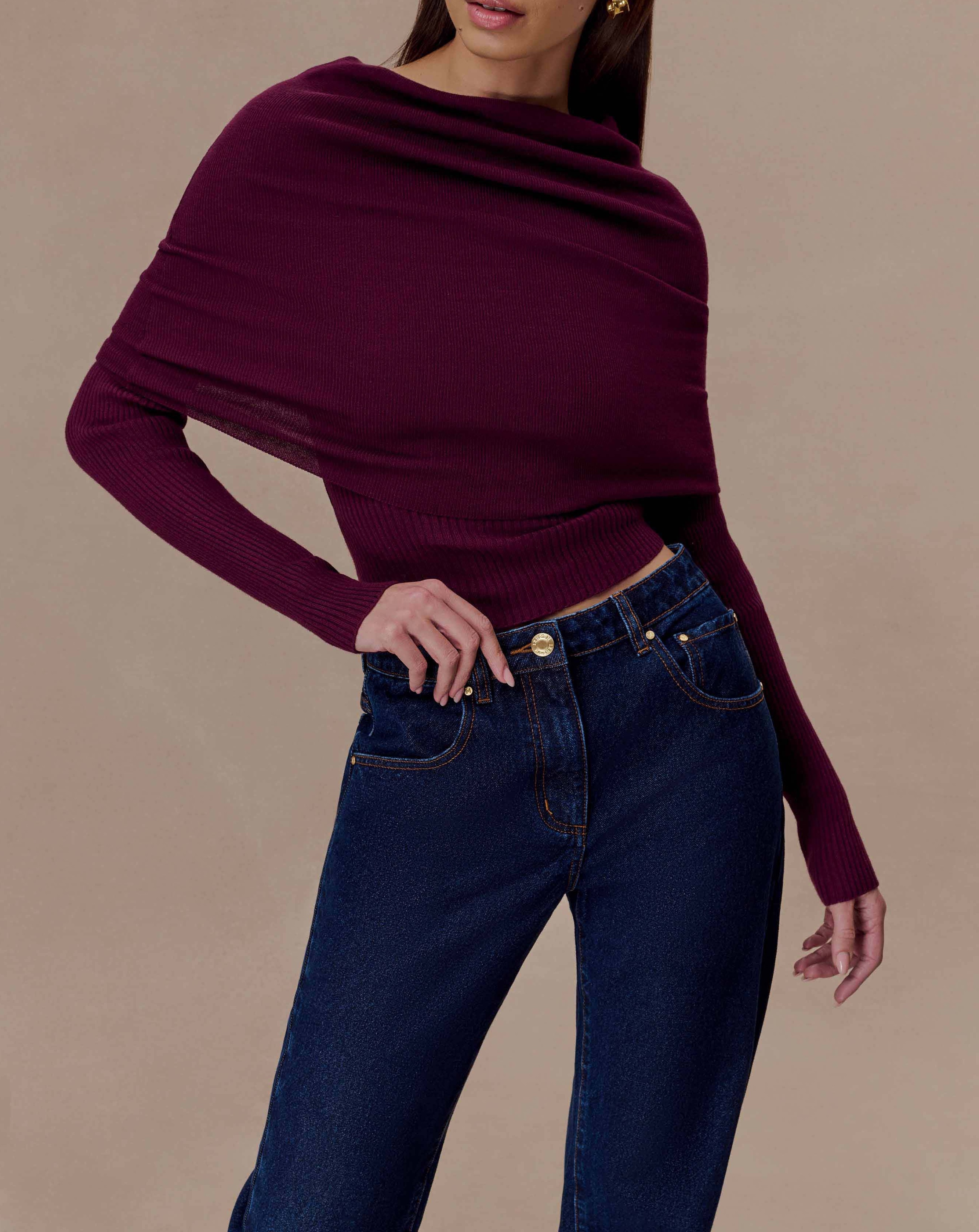 Plum Asymetrical Cashmere Blend Long Sleeve Knit Top
