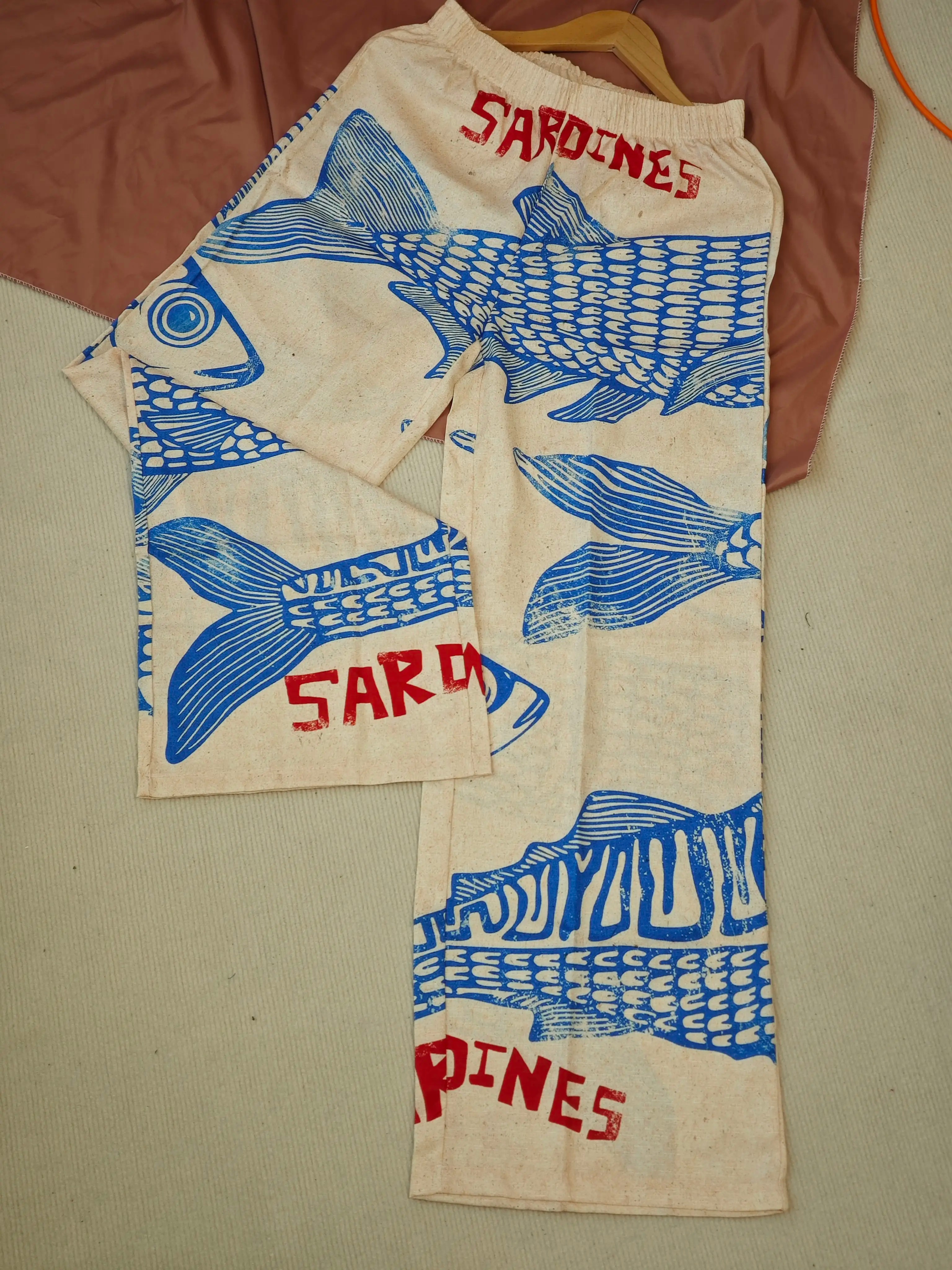 Women's Retro Nautical-Style Sardine Print Wide-Leg Pants with Contrasting Painted Loose and Comfortable