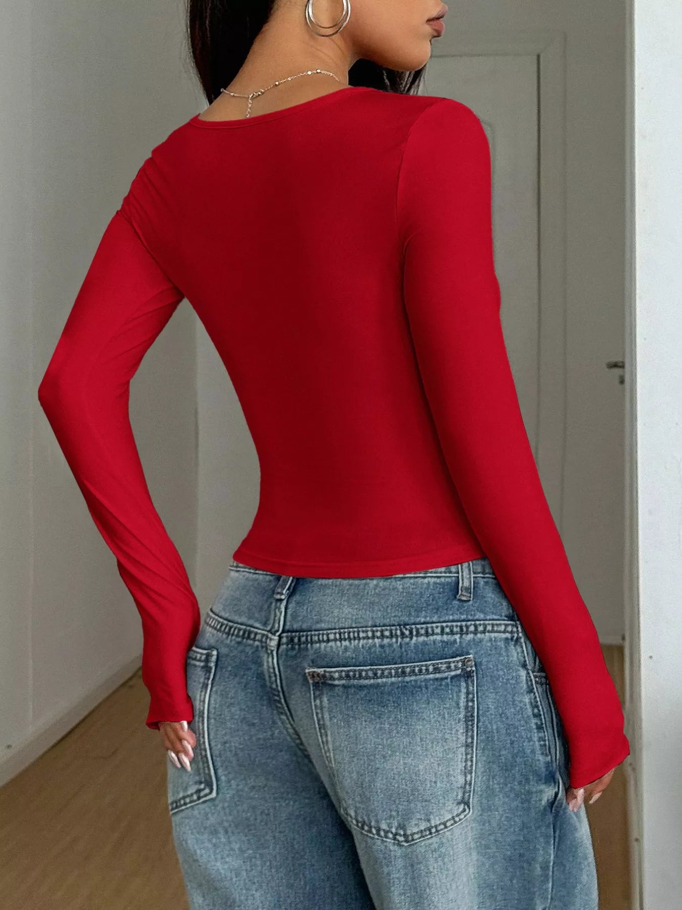 Solid Color Square Neck Long Sleeve Slim Fit T-Shirt