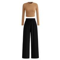 2-Piece Ribbed Knit Long Sleeve Crop Top Wide Leg Pants Matching Lounge Set Loungewear