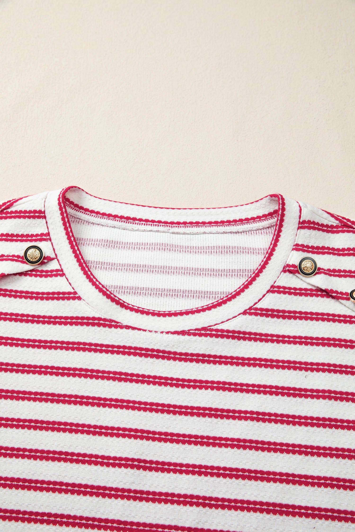 Red Stripe Textured Knit Button Detail Short Sleeve Casual Tee