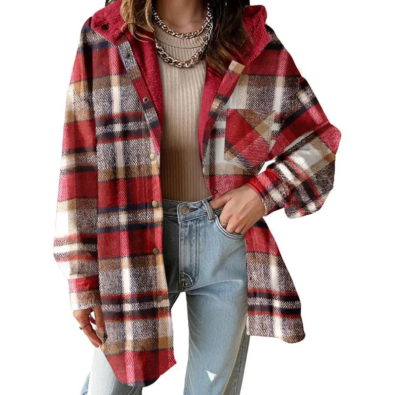 Women's Flannel Hooded Plaid 2025 Shacket