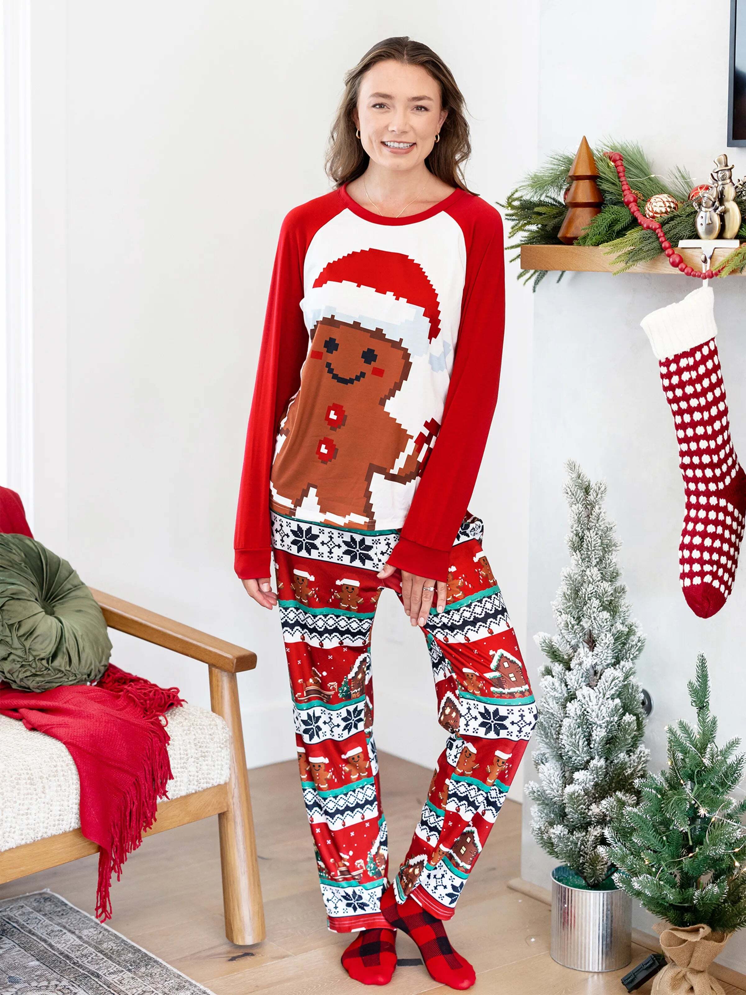 Christmas Matching Family Pajamas Set Gingerbread Print Long-sleeve PJS with Christmas Socks Red