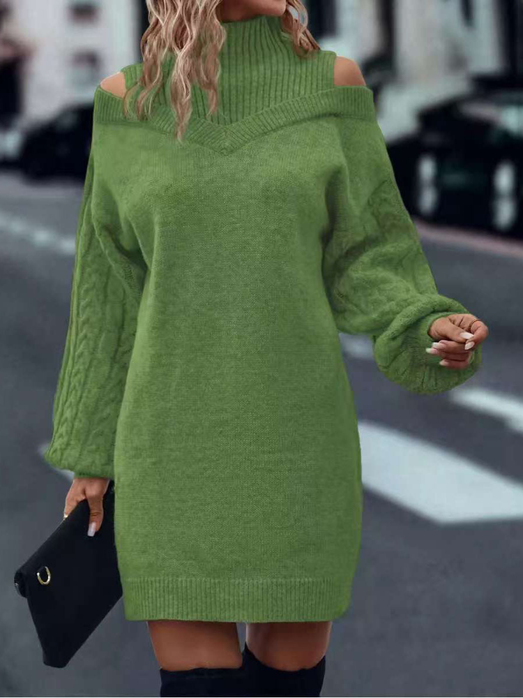 （ In stock）Women Half High Neck Off-Shoulder Long Sleeve Knitted Dress