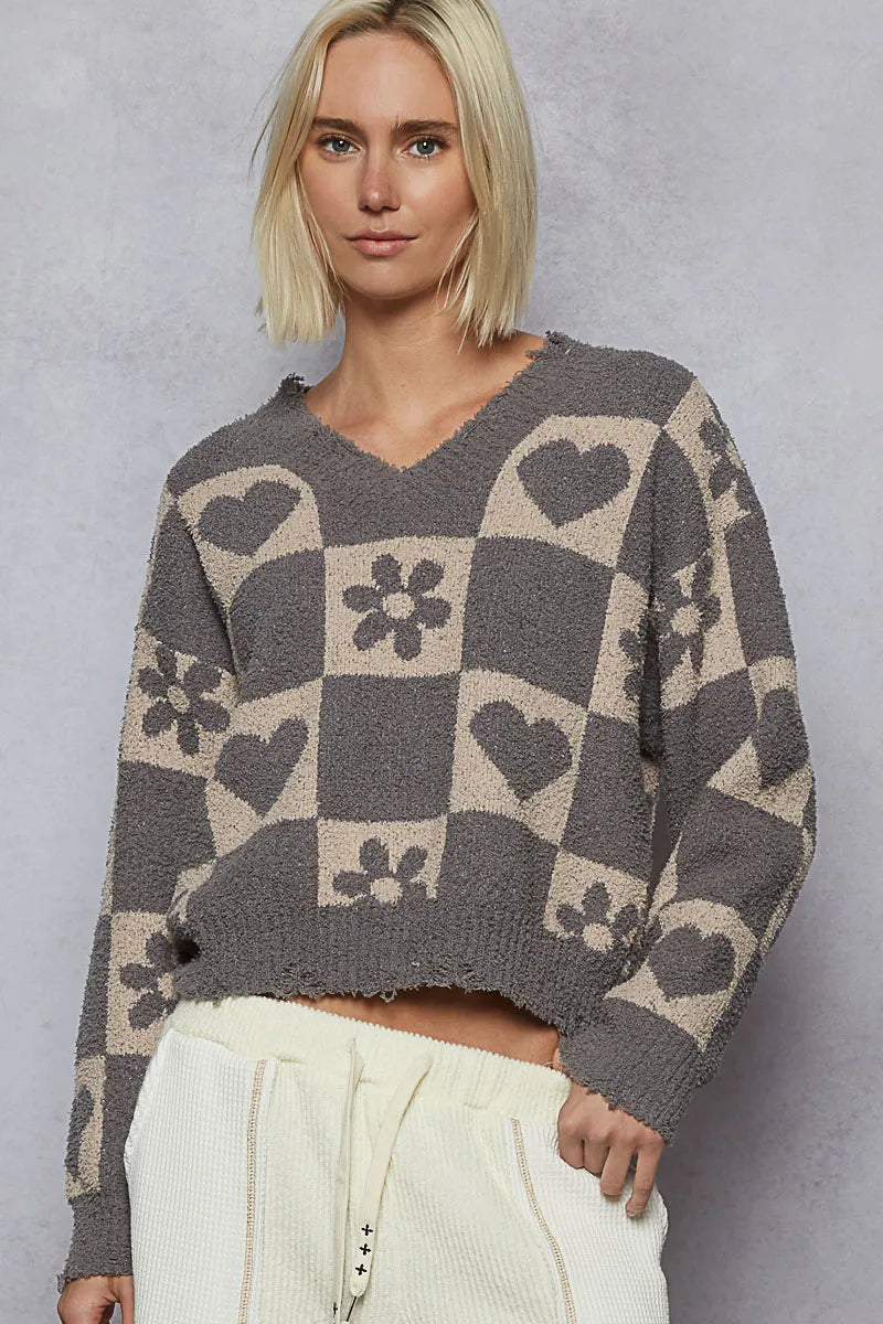 V-Neck Heart Pattern Checkered Sweater