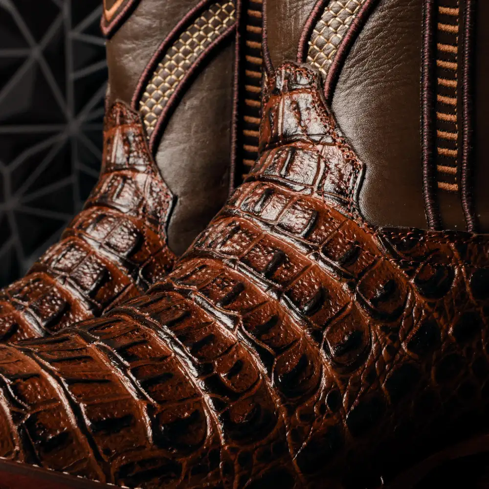 Brown Caiman Hornback Leather Boots - Square Toe