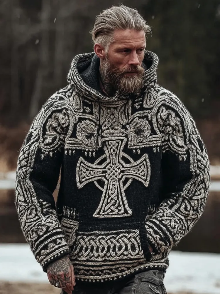 Men's Viking Tribal Style Celtic Cross Antique Hooded Sweater