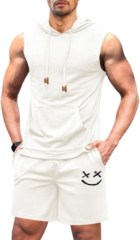 Men's Hoodie Short Set Workout Hooded Tank Top Solid Color 2 Piece Outfit Summer Sleeveless Tracksuits
