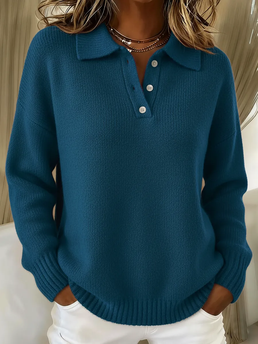 Classic Polo Neck Button-Down Solid Color Sweater Top