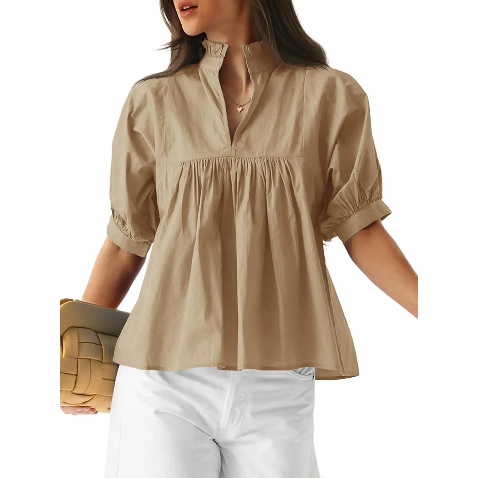 Elegant V-Neck Puff Sleeve Peplum Blouse - Versatile Dressy Casual