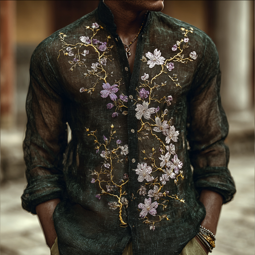 Bohemian Style Purple Flower Mysterious Men's Long-sleeved Shirt