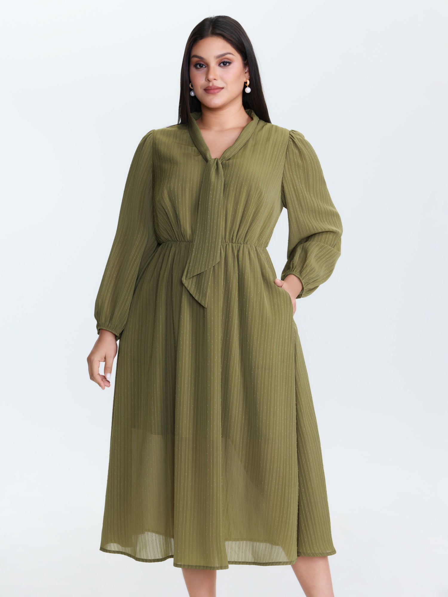 Ribbon Neckline Puffy Sleeve Midi Dress