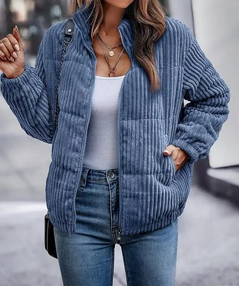 Women's Bomber Jacket Corduroy Ribbed Quilted Zip Up Long Sleeve Winter Coat Fall Outerwear Tops with Pockets