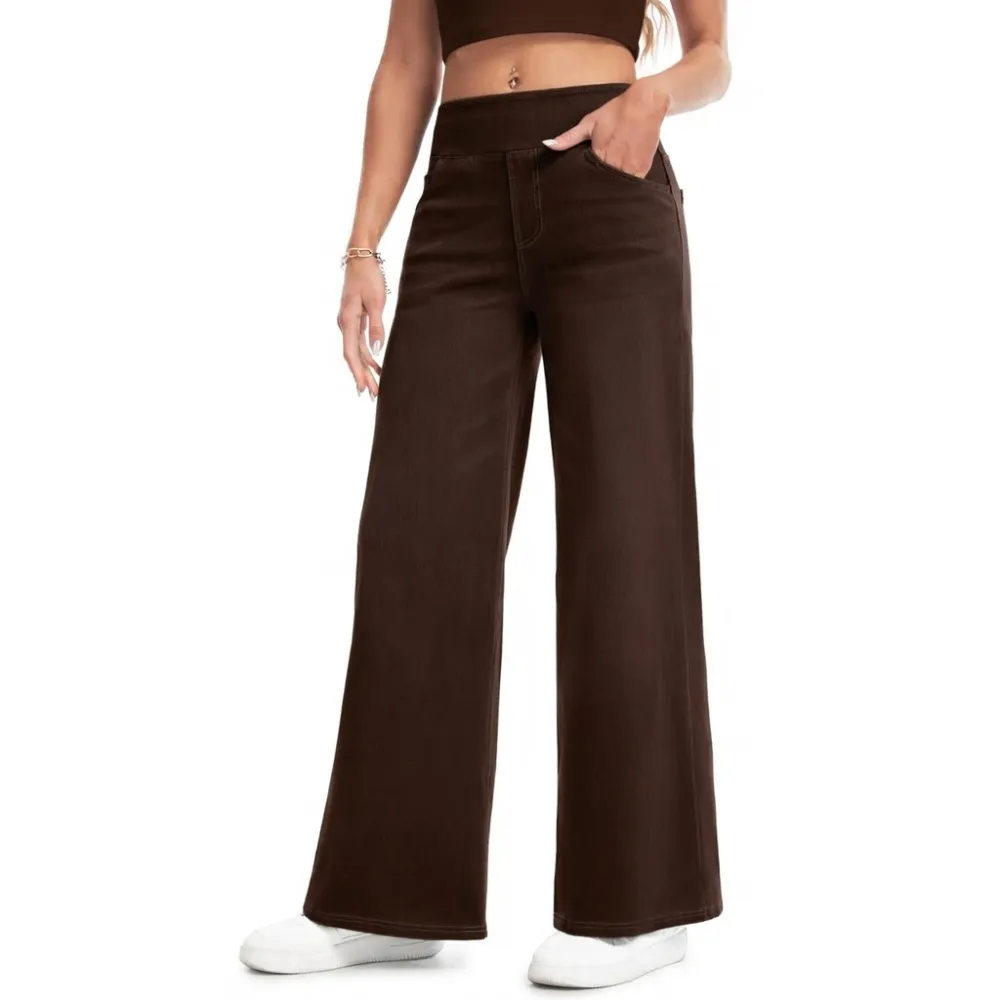 Women’s High Waisted Stretch Wide Leg Jeans – Pull On Tummy Control Elastic Waist Denim Pants with Pockets