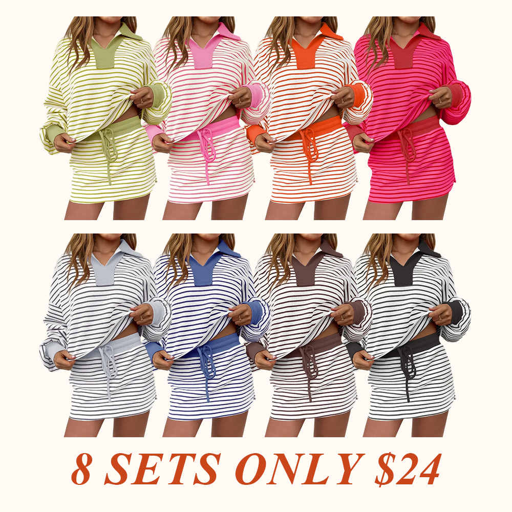 Striped 2 Piece Outfits Casual Sweatshirt Skirt Set Long Sleeve Skort Workout Set