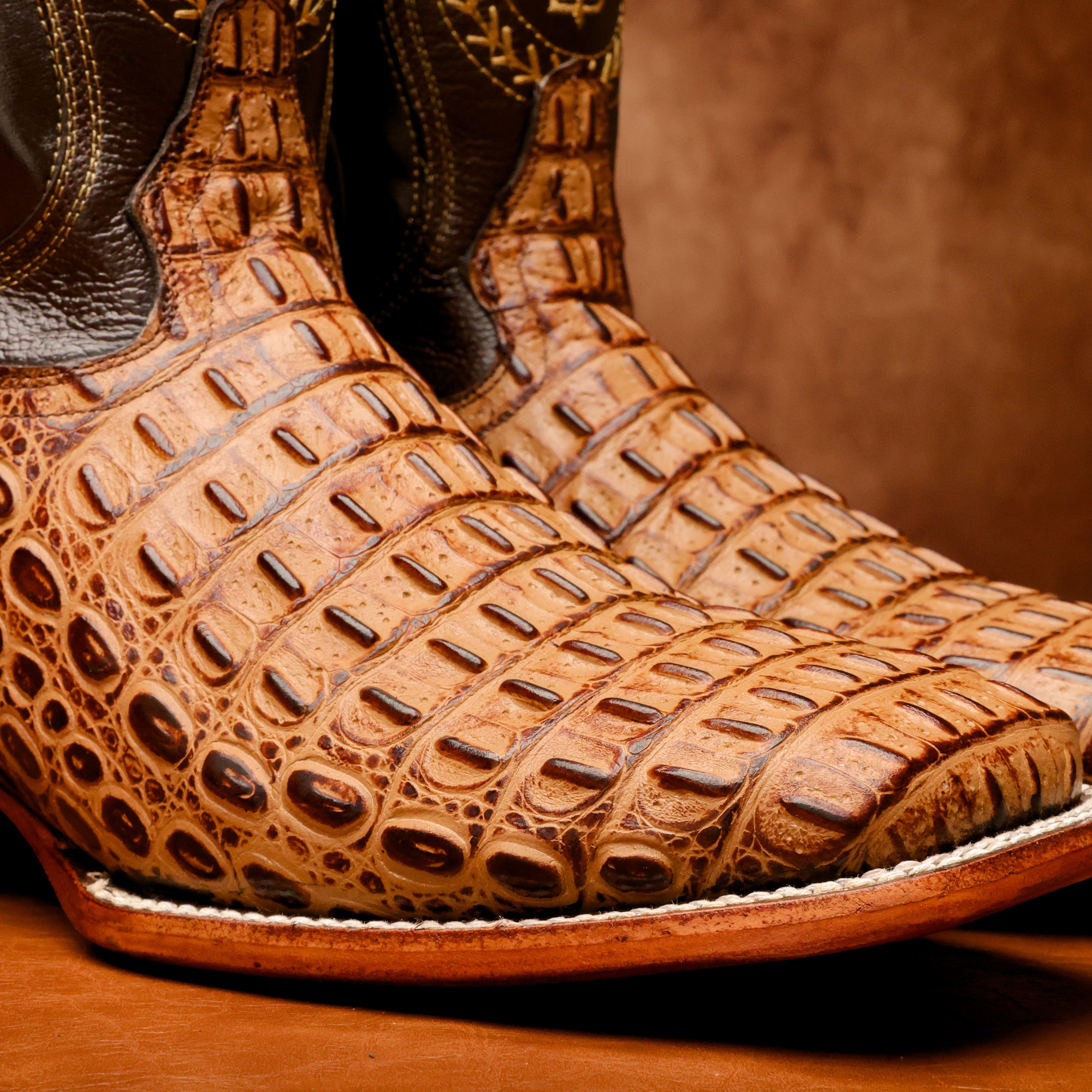 Honey Caiman Hornback Leather Boots - Square Toe
