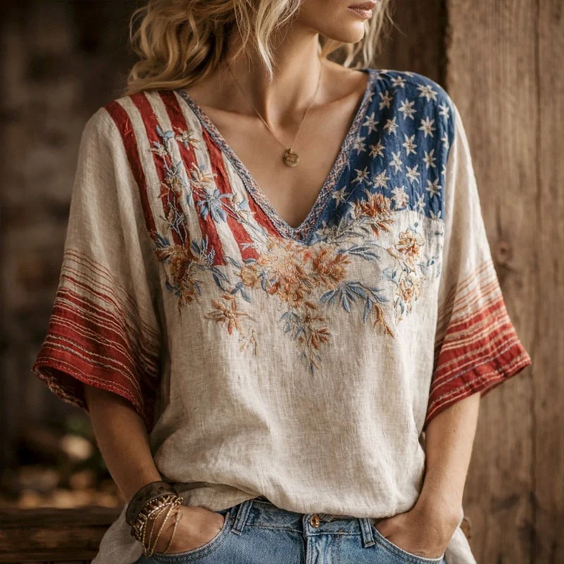 Women's America Floral Print Casual V-Neck 3/4 Sleeve