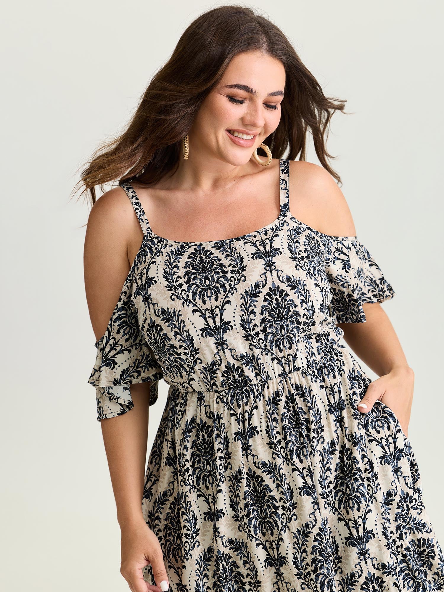Ornate Print Cold-Shoulder Maxi Dress