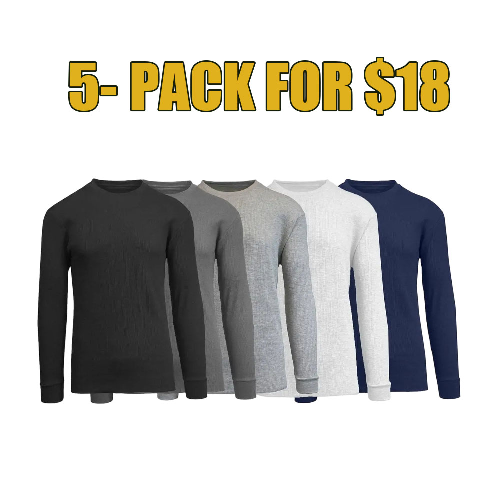 5-Pack Waffle Knit Thermal Shirts – Long Sleeve Crew Neck & Henley Set