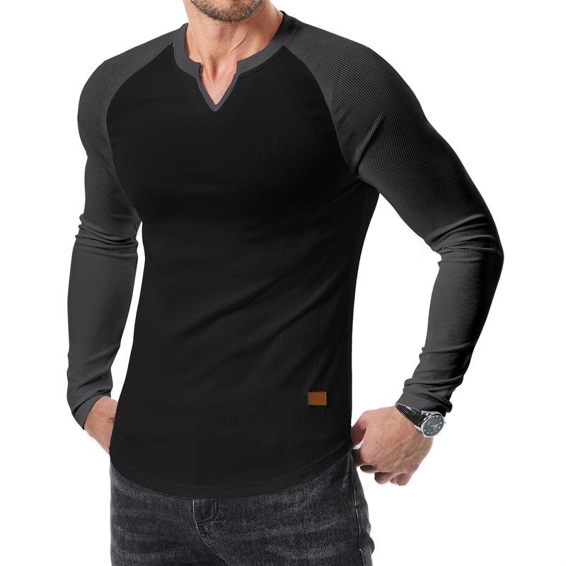 Men’s Ribbed V-Neck Long Sleeve Casual Tee
