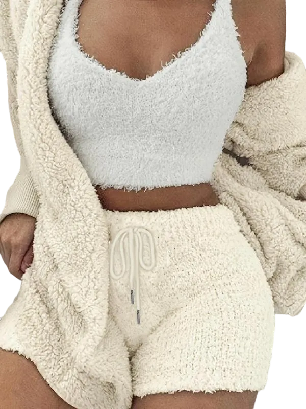Women's Solid Color Plush Three-piece Pyjama Set