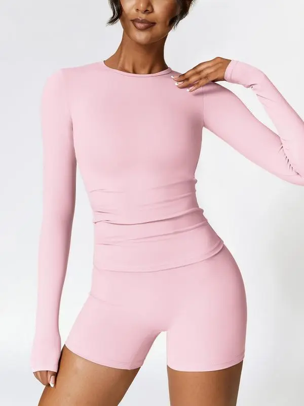 Women's Solid Round Neck Sports Tee & High Waist Shorts Tracksuit Set