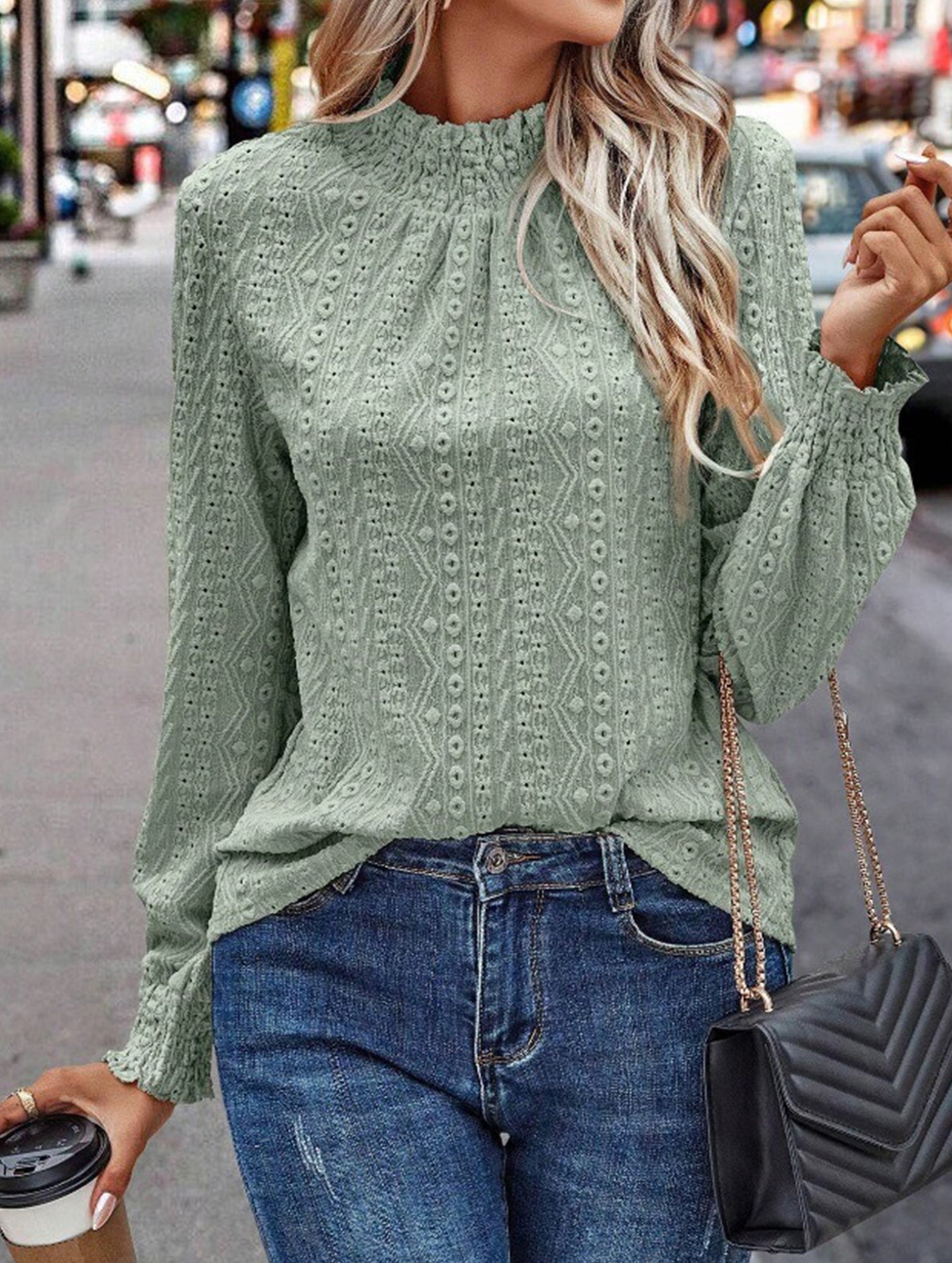 Jacquard Crew Neck Long Sleeve Tee_CWTTL01230