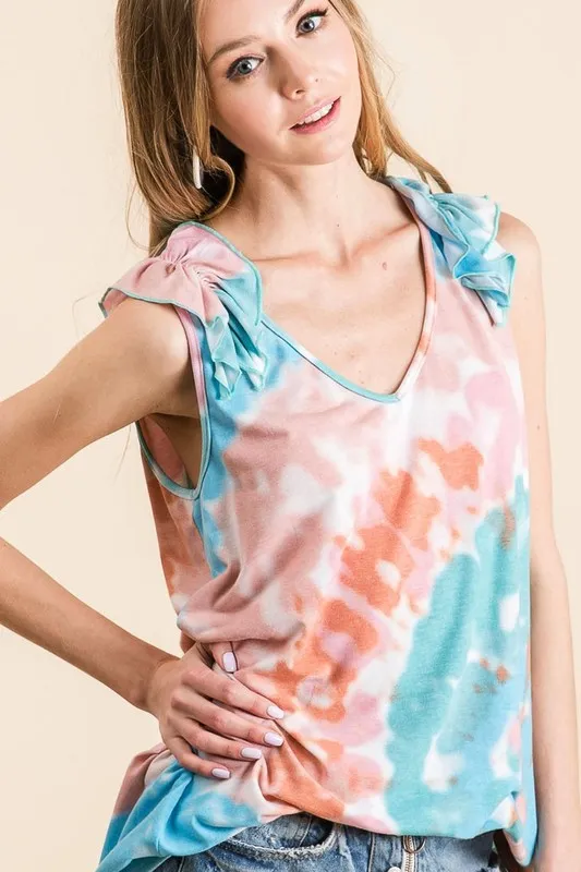 Circular Tie Dye Knit V Neck Top With Ruffle