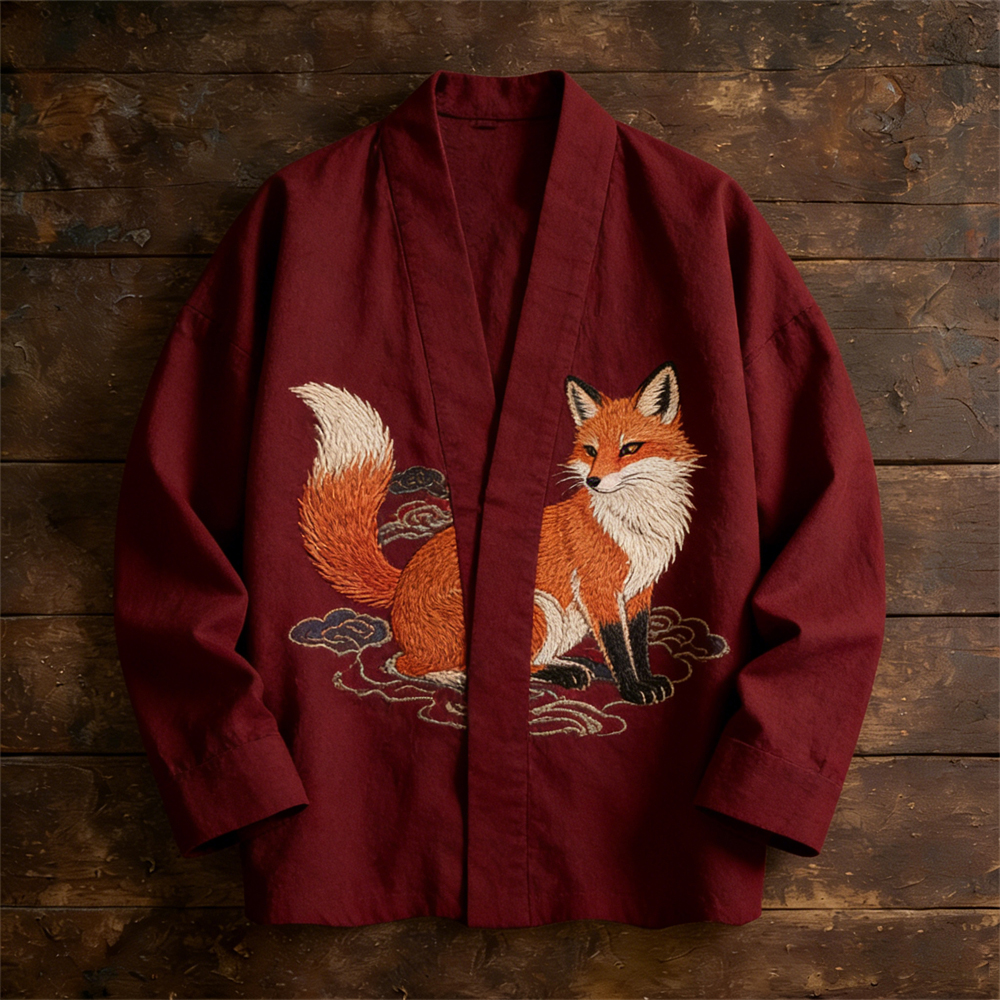 Japanese Fox Embroidered Totem Men's Linen Kimono