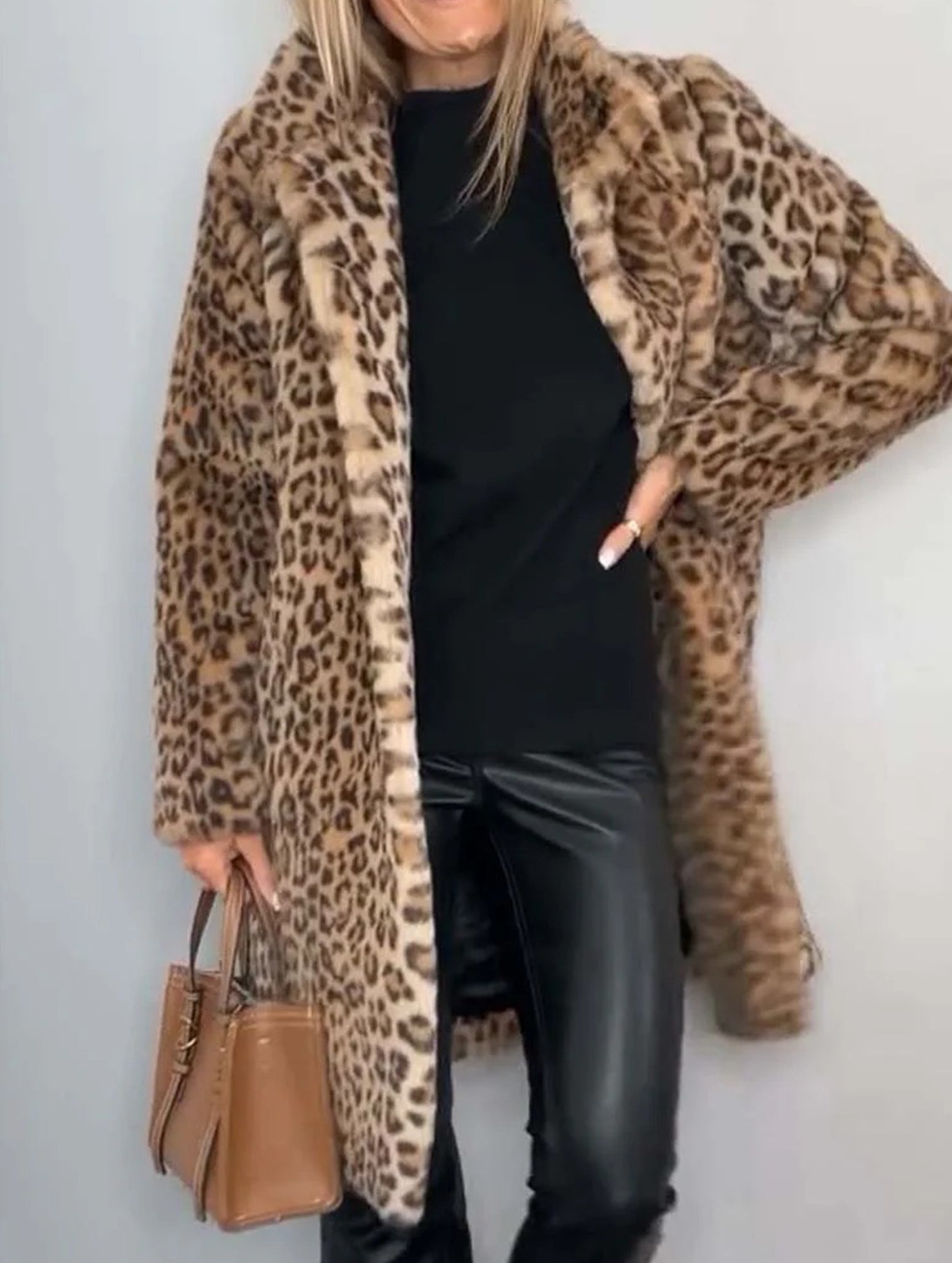 Stylish leopard print plush mid-length coat