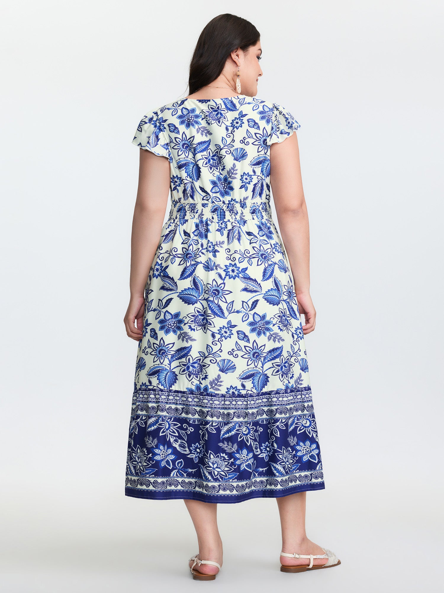 Floral Print Ruffled Sleeve Embroidered Midi Dress