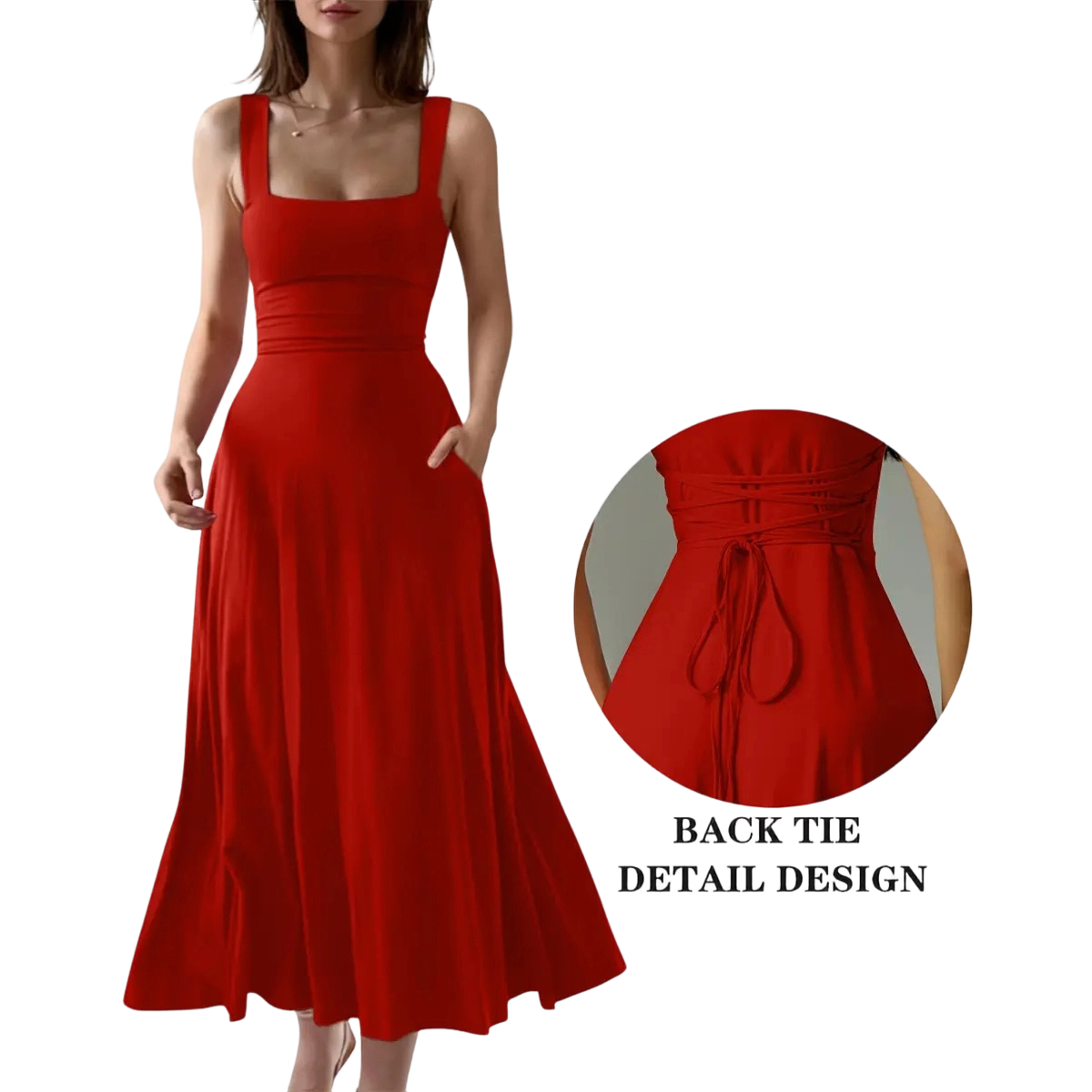 👗👗 Women’s Square Neck A-Line Flowy Dress with Pockets