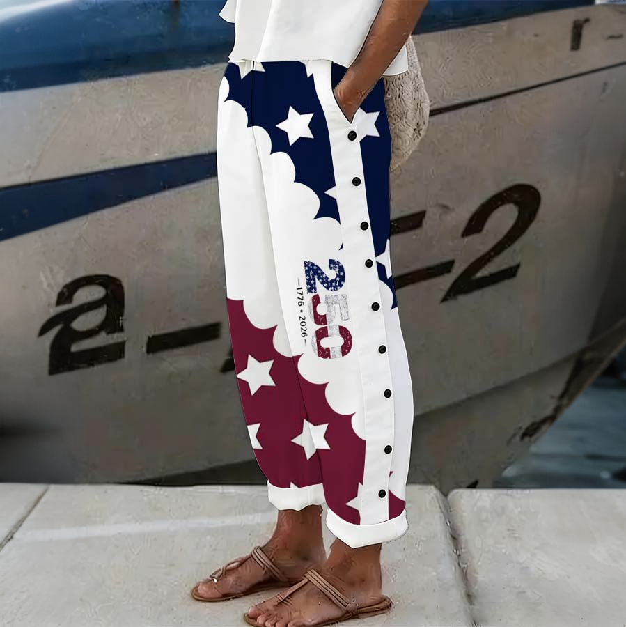Women'S Casual American Independence Day 250Th Anniversary Printed Casual Button Design Pants
