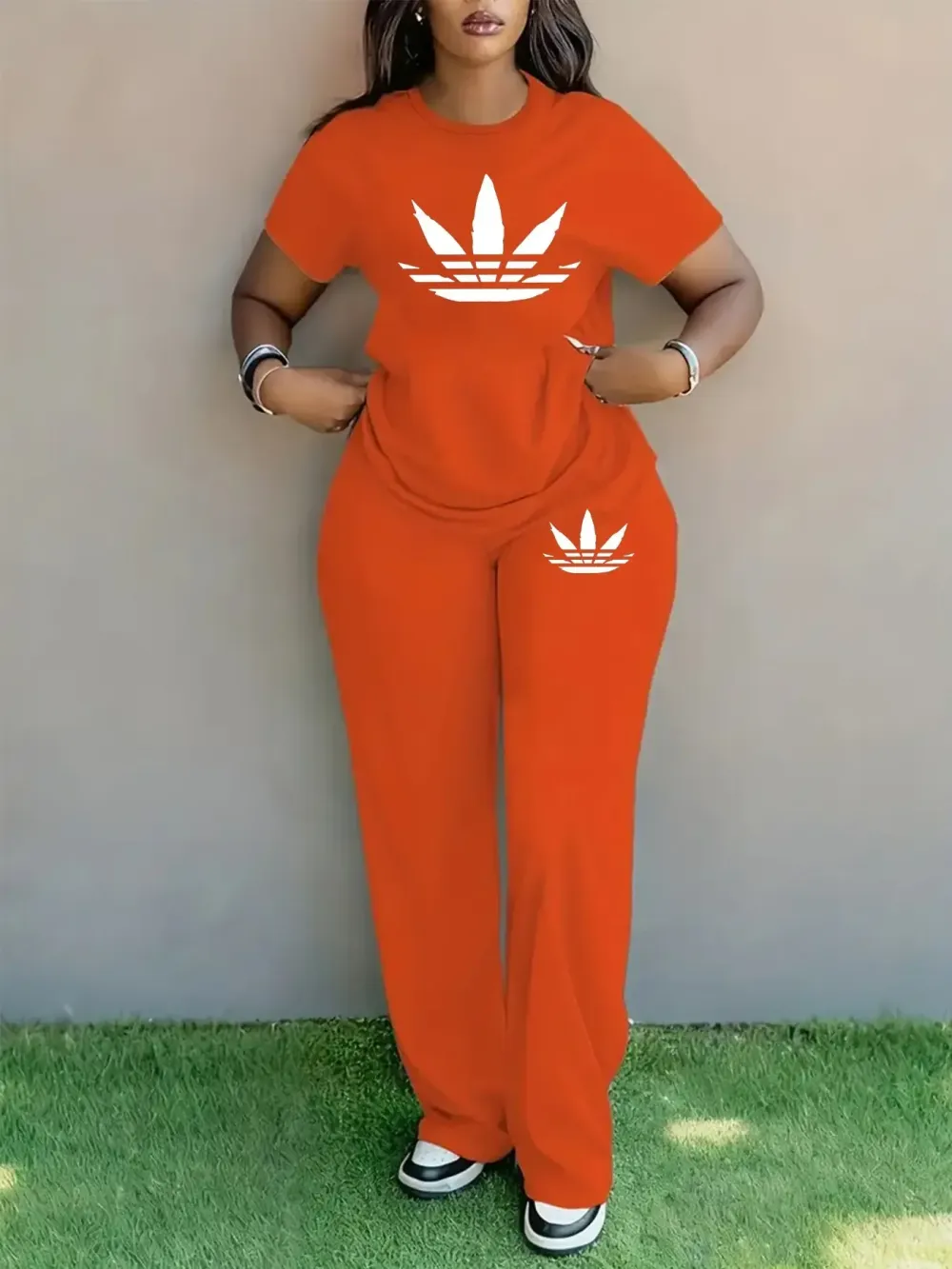 Women's Plus Size Spring Summer Fashion Print Round Neck Short Sleeve T-Shirt & Wide Leg Pants Two-Piece Set
