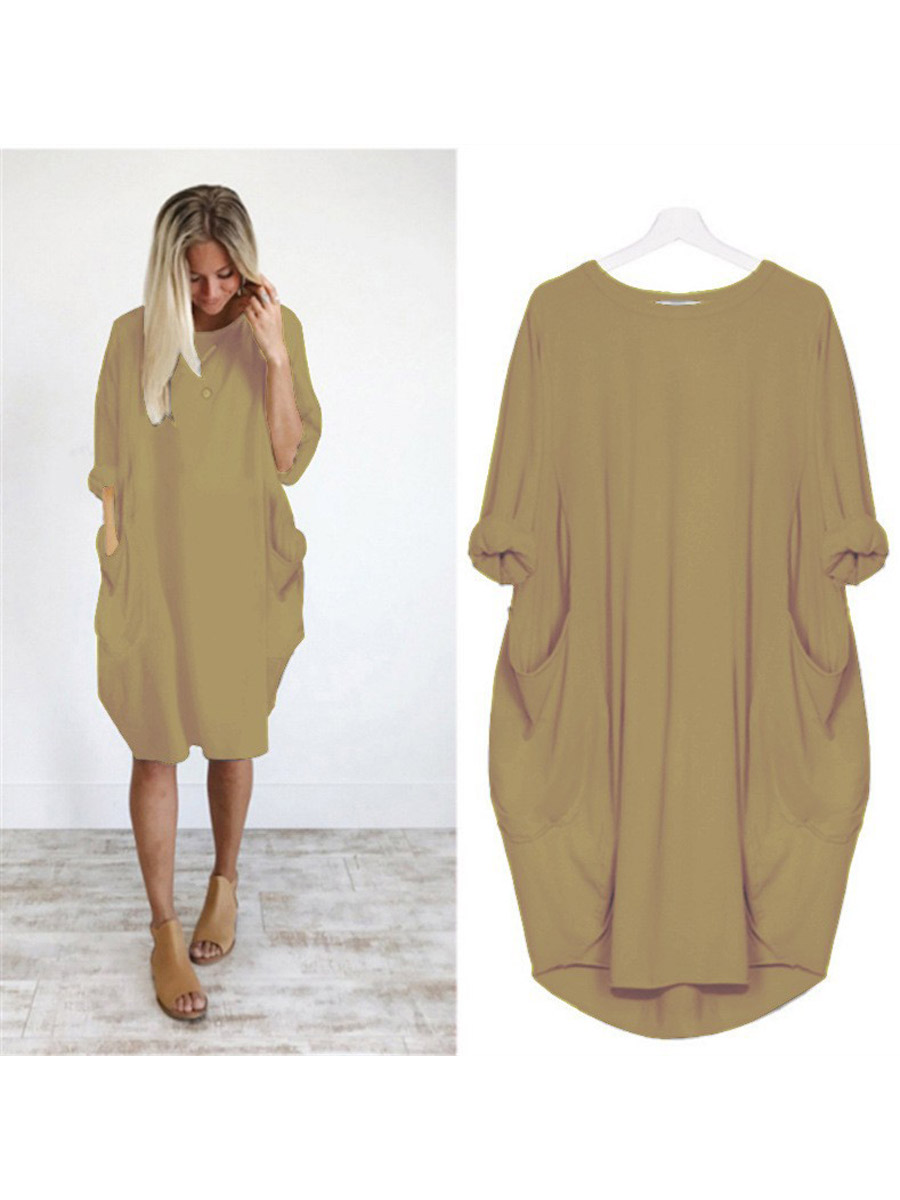 Women's Solid Color Loose Elegant Casual Long-sleeved Pocket Dress