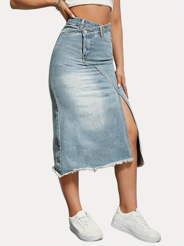 Versatile American Retro Denim Slit Splicing Mid-Length A-Line Skirt