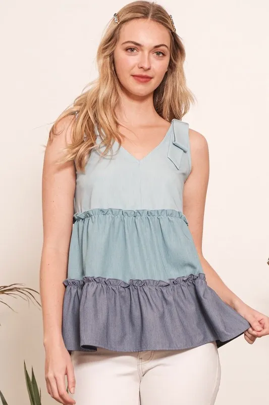 Color Block V-Neck Baby Doll Sleeveless Top