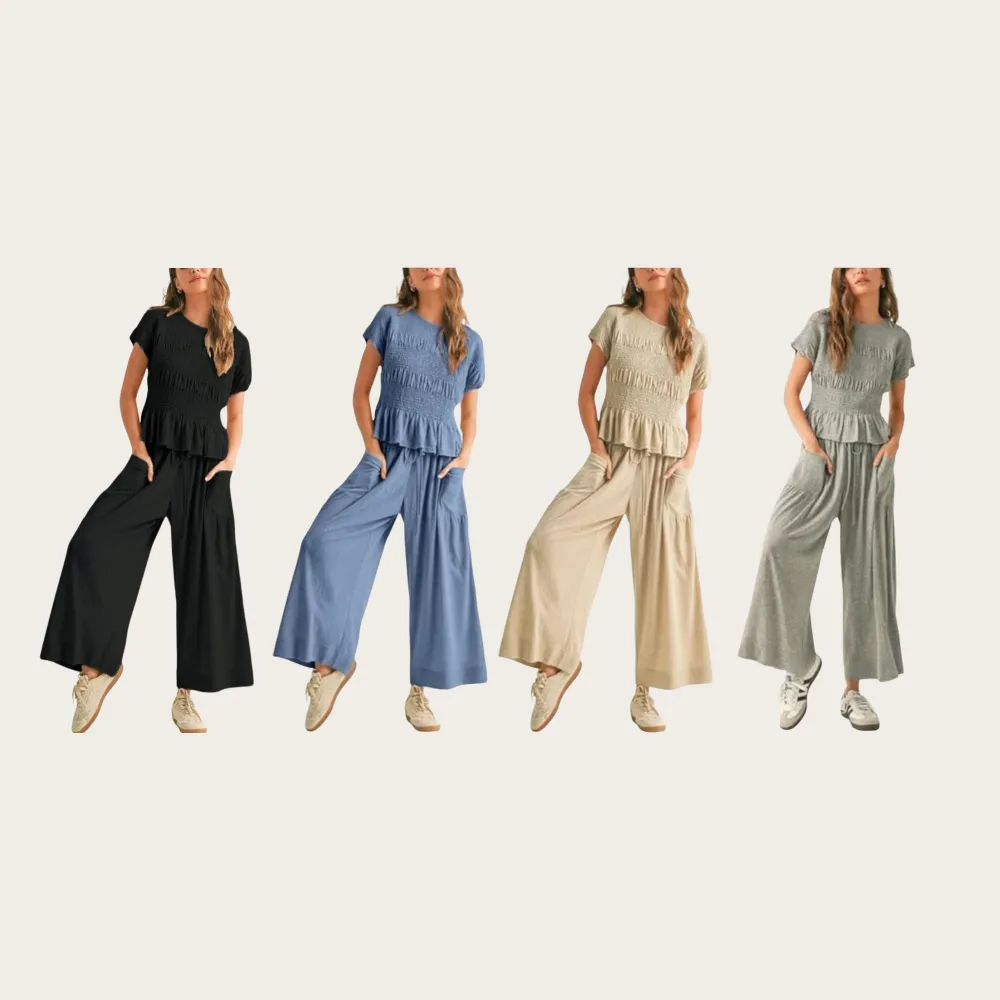 Casual Boho Matching Set Smocked Top & Wide-Leg Pants