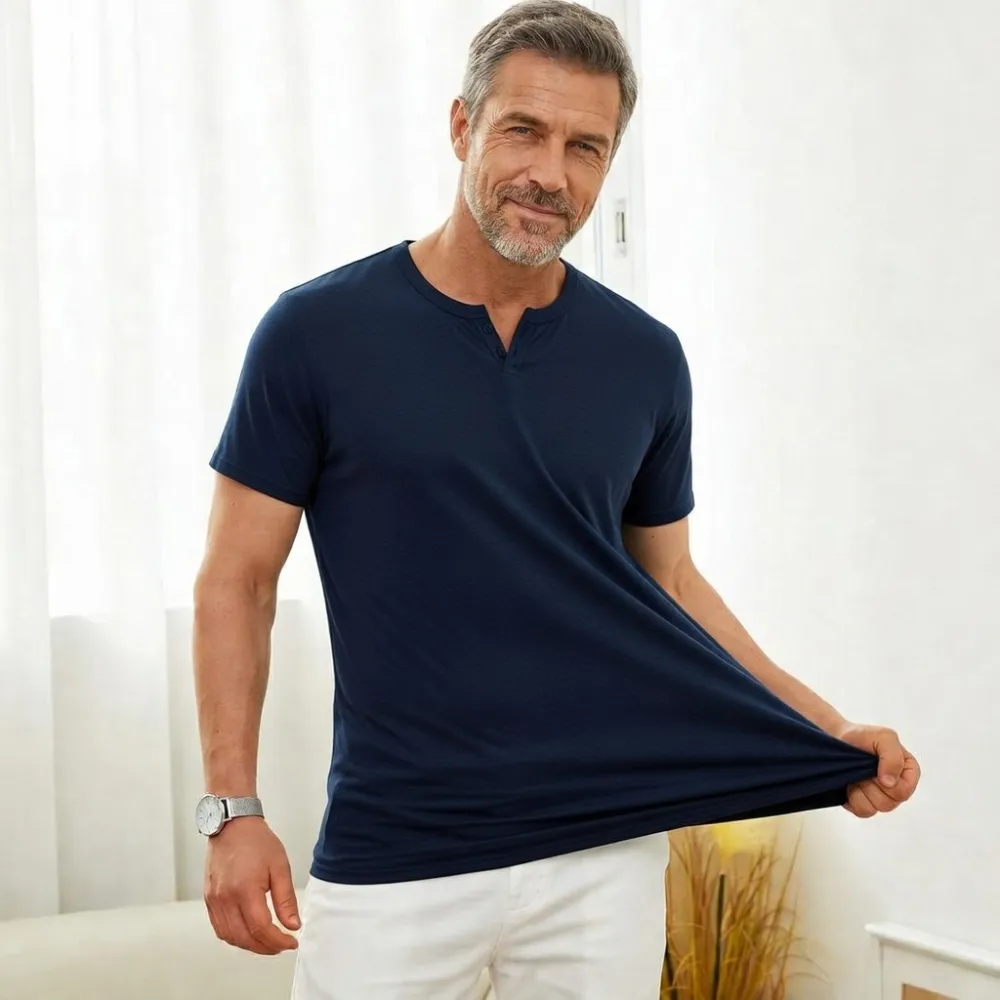 😎Classic never goes out of style🔥Men's T Shirts Short Sleeve Casual V Neck T-Shirt Soft Notch Neck Tee Classic Plain Shirts