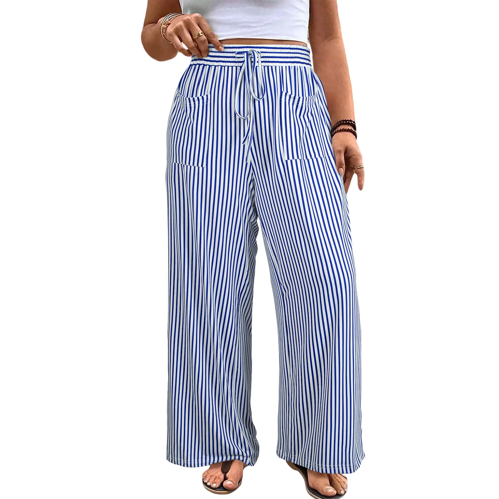 Womens Plus Size Wide Leg Pants Elastic High Waist Striped Casual Palazzo Pants Lounge Trouser with Pockets (1X-5X)