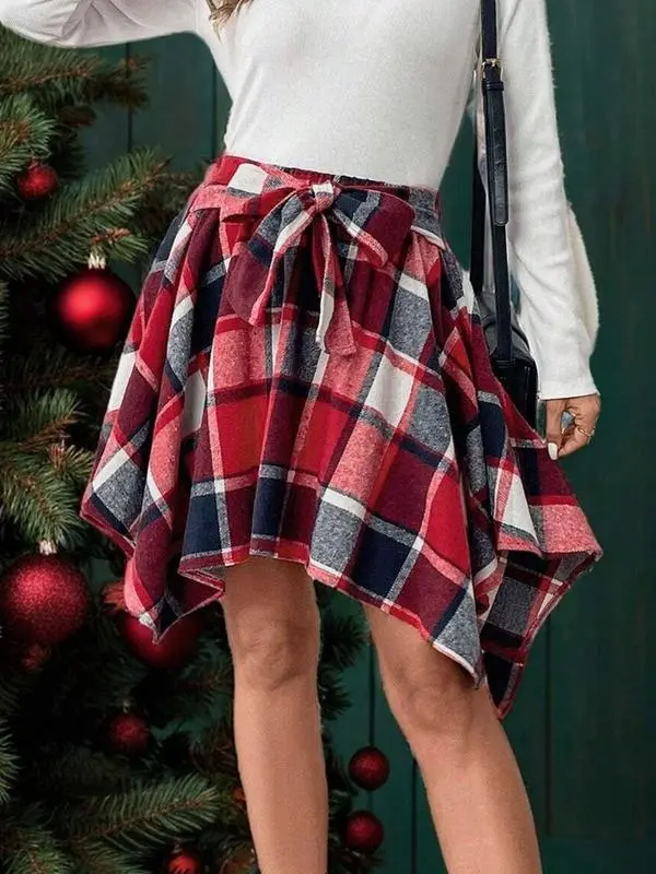 Women's Fashion Plaid Print Asymmetrical Hem High Waisted Skirt