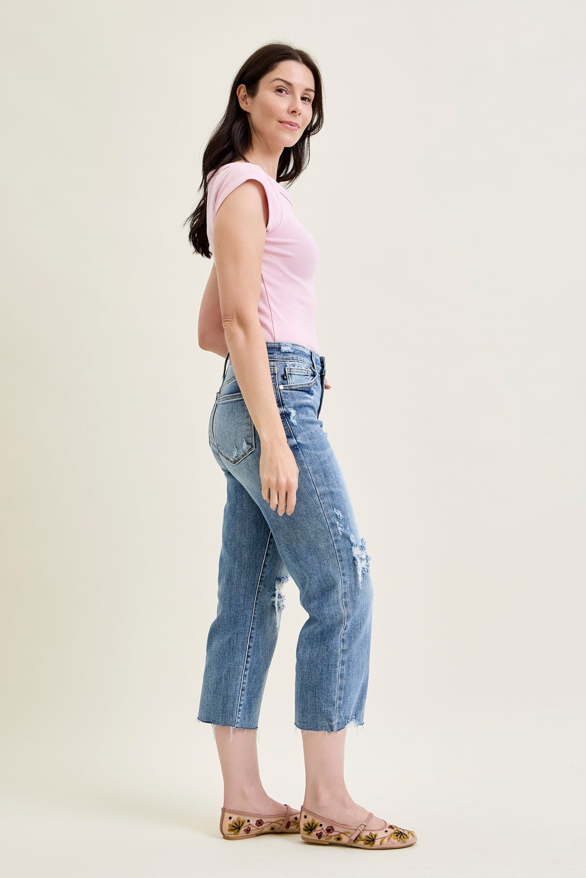 Celeste High Rise With Distressed Crop Wide Leg