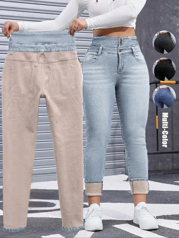 Women's High Elasticity Fleece Lined Thick Denim Jeans