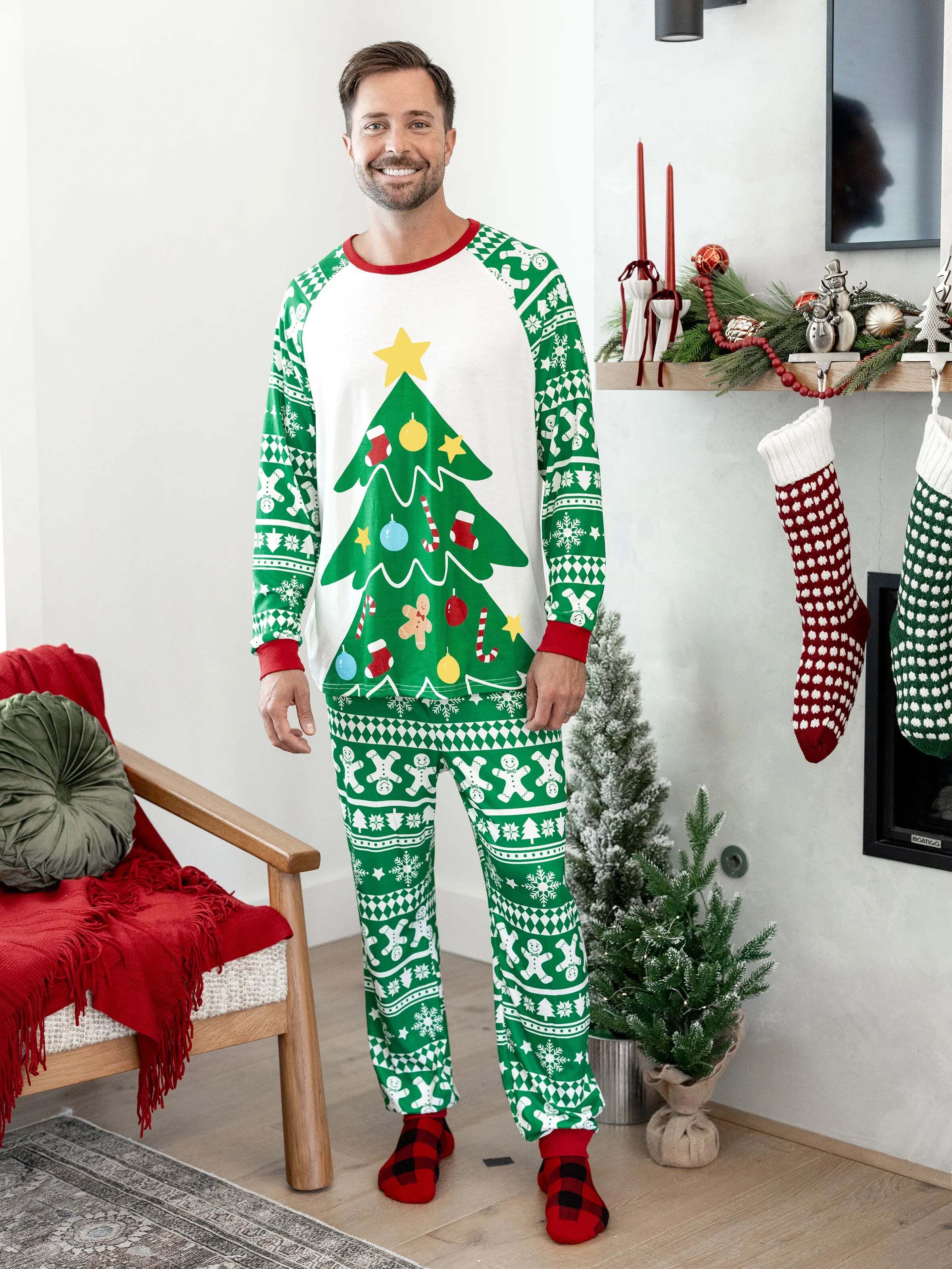 Christmas Matching Family Pajamas Set Gingerbread and Christmas Tree Print Green PJS with Christmas Socks Green