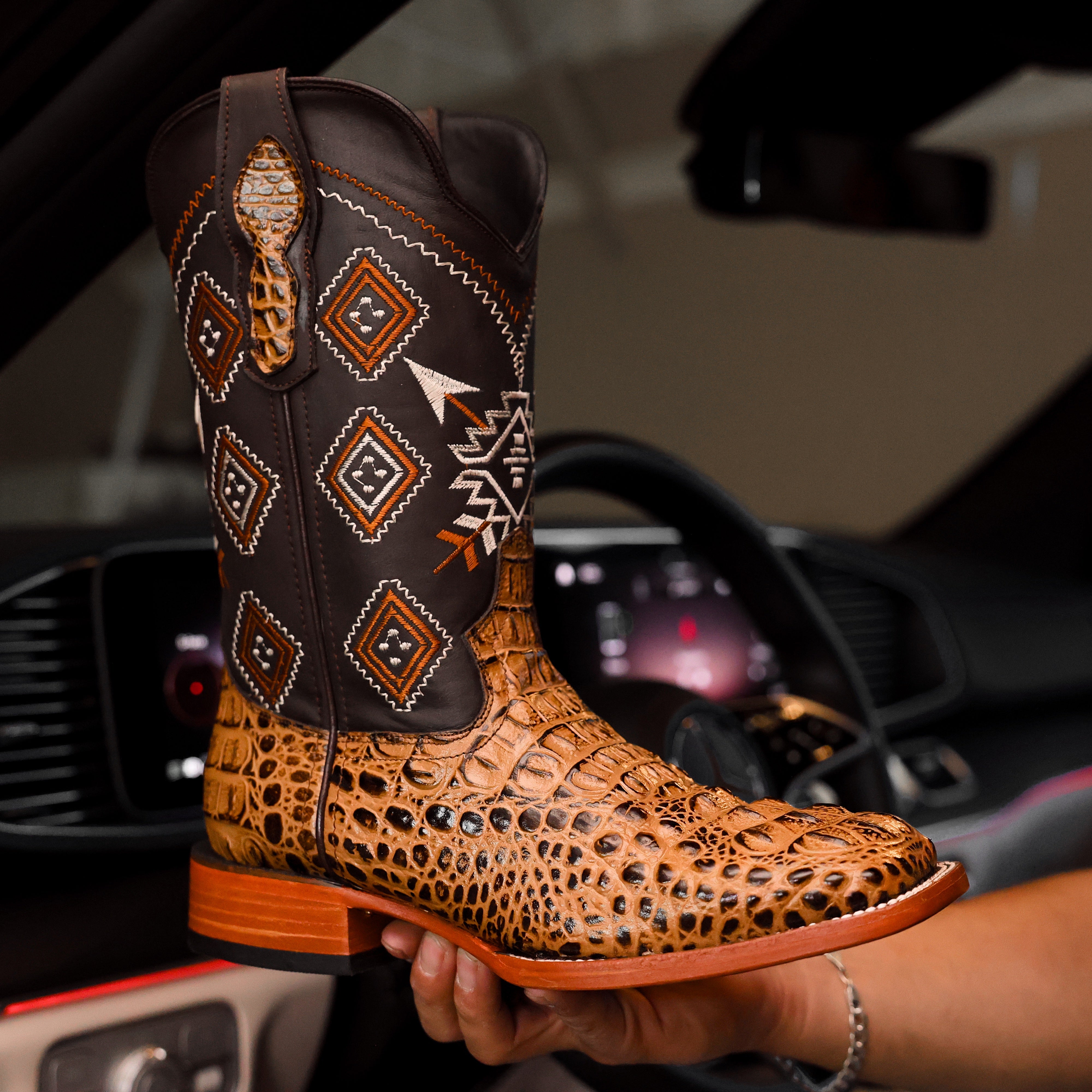 Honey Caiman Neck Leather Boots - Square Toe