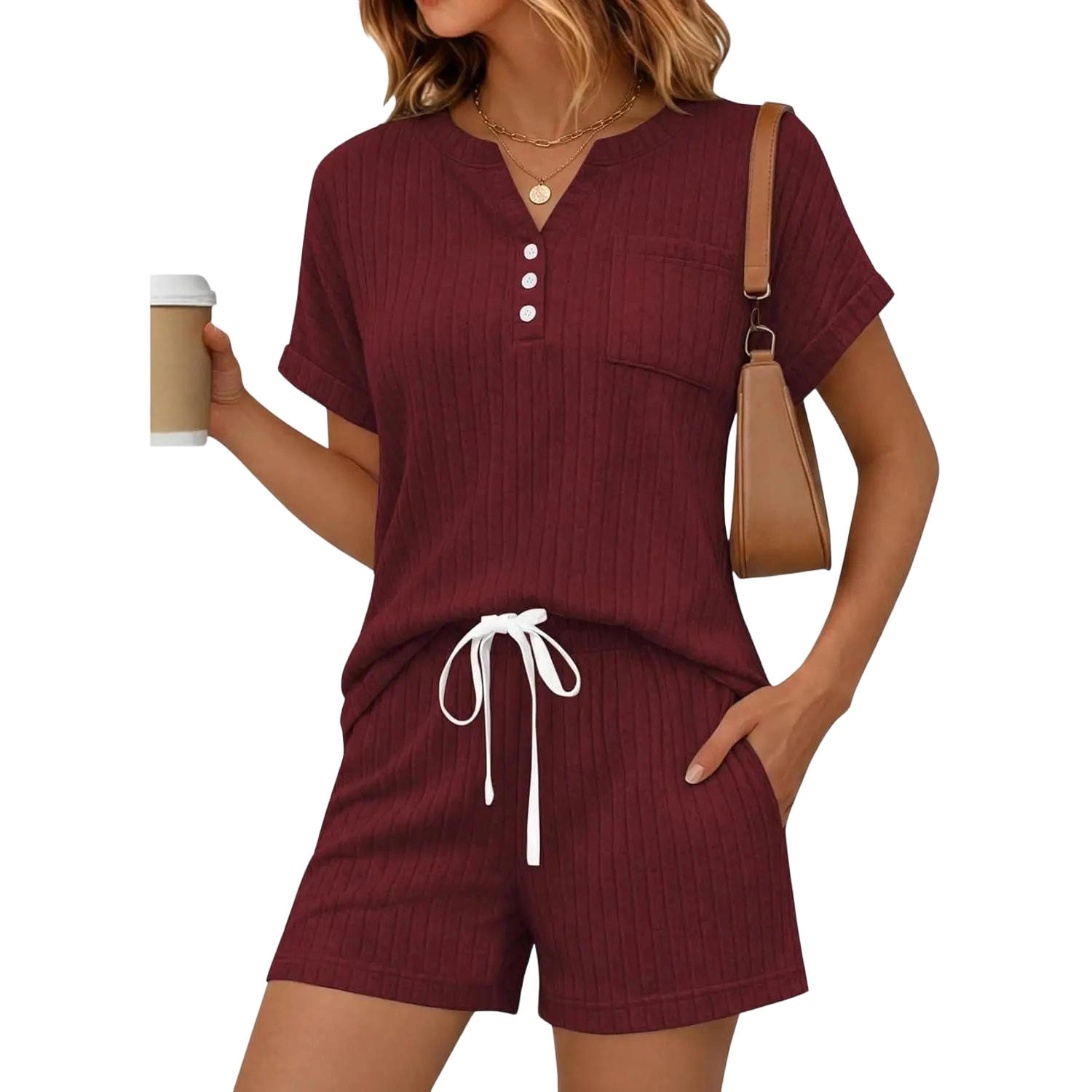 2 Piece Short Sets for Women Summer 2026 Lounge Short Sleeve Henley Outfits Sweatsuit with Pocket
