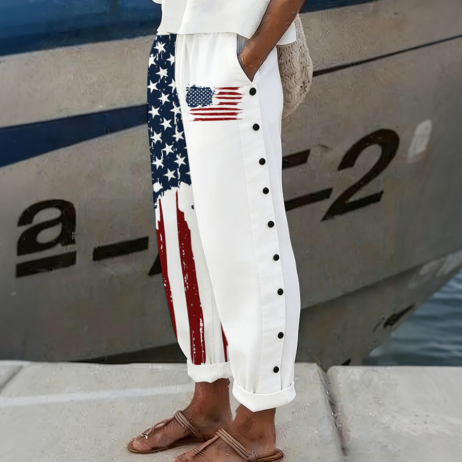 Women'S Casual American Independence Day 250Th Anniversary Printed Casual Button Design Pants